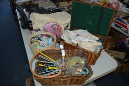 Three Baskets of Vintage Linen and Sewing Items