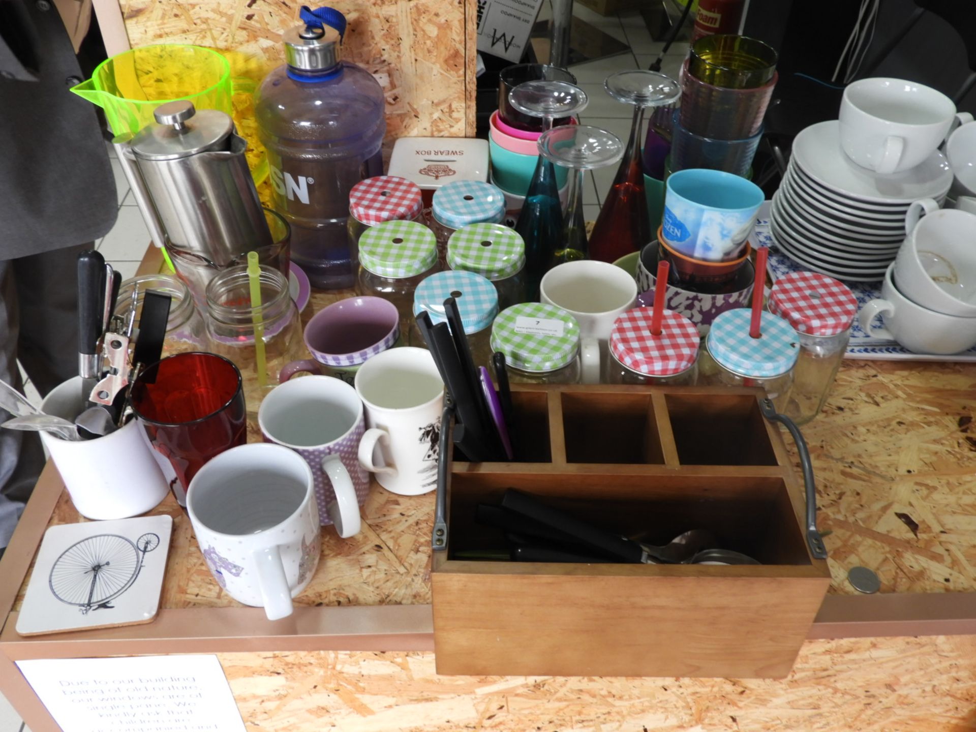 Quantity of Assorted Glassware, Mugs, Cups, Cutler