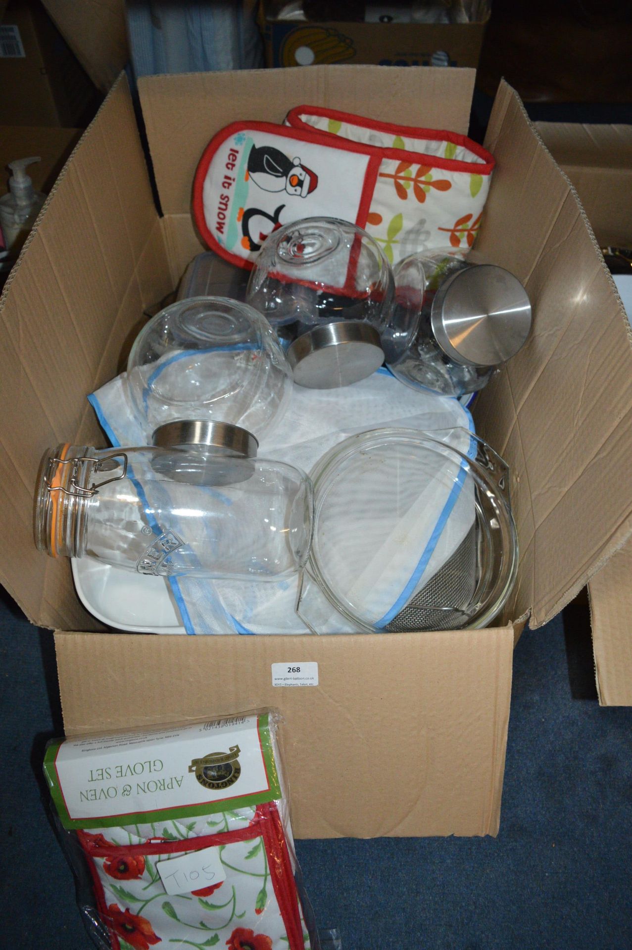 Box of New Kitchen Items; Oven Gloves, Dishes, etc