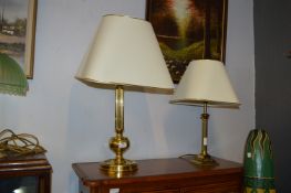 Two Corinthian Column Brass Table Lamps with Cream