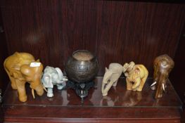 Six Assorted Elephants Including Carved Coconut
