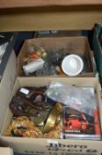 Two Boxes of Assorted Glassware, CDs, Wooden Eleph