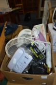 Box of Assorted Electrical Item, fans, Irons, Tele