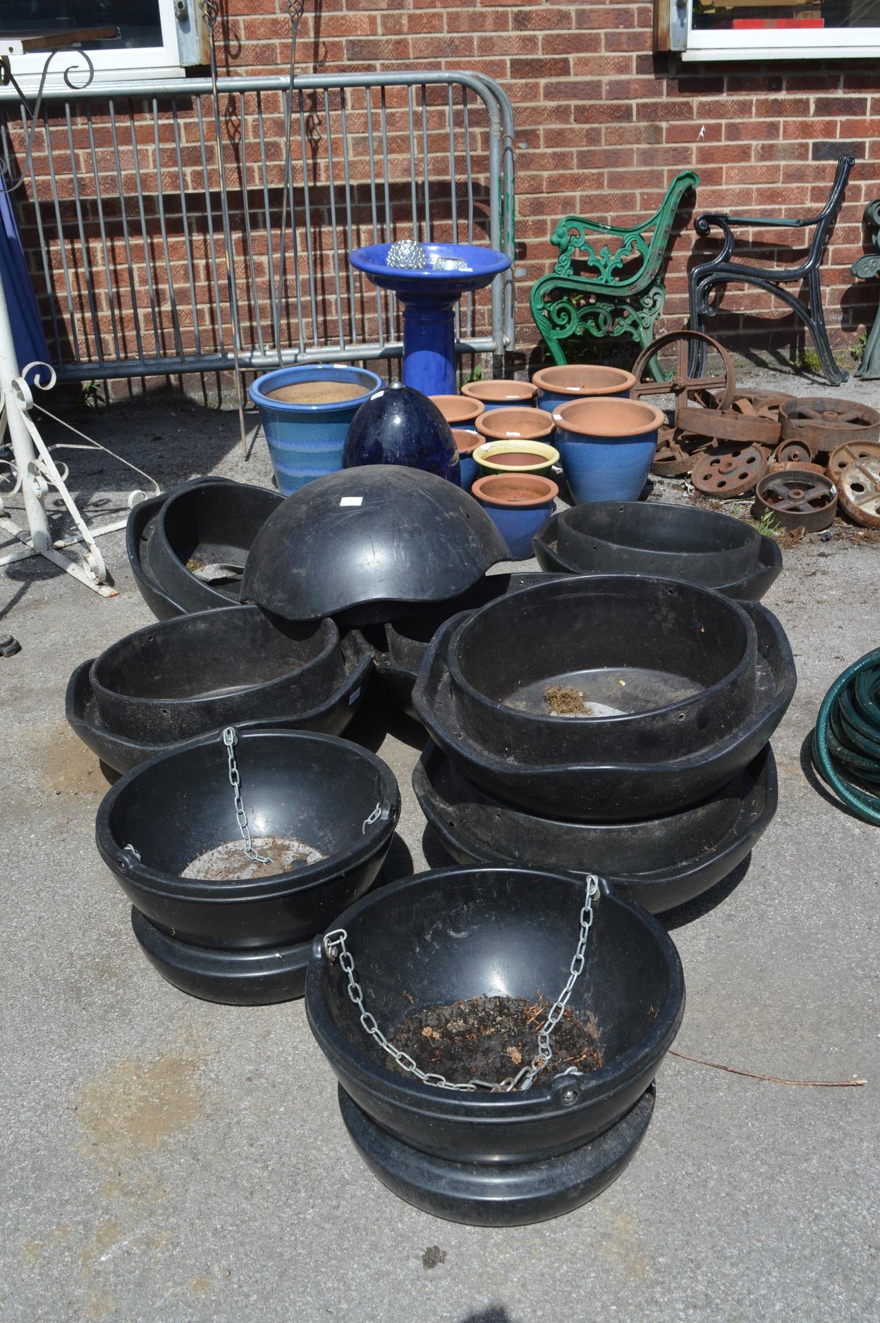 Eight Large Black Plastic Hanging Baskets