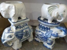 Two Blue & White Elephant Plant Stands and Two Whi