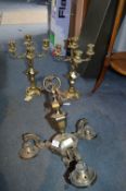 Two Brass Candelabra and One Brass Light Fitting
