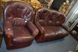 Burgundy Leather Three Seat Sofa and Matching Armc