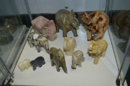 Ten Assorted Elephants Including Carved Soapstone