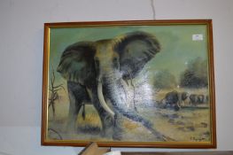 Oil On Canvas Signed Indistinctly - Elephants in t