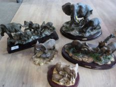 Five Resin Elephant Groups on Wooden Bases