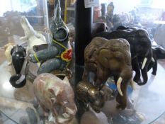 Shelf of Ebony, Stone and China Elephants Includin