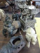 Bronze Finish Elephant on Stand, Two Metal Elephants, and Three Others