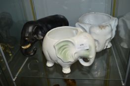 Three Pottery Elephants Including Two Planters
