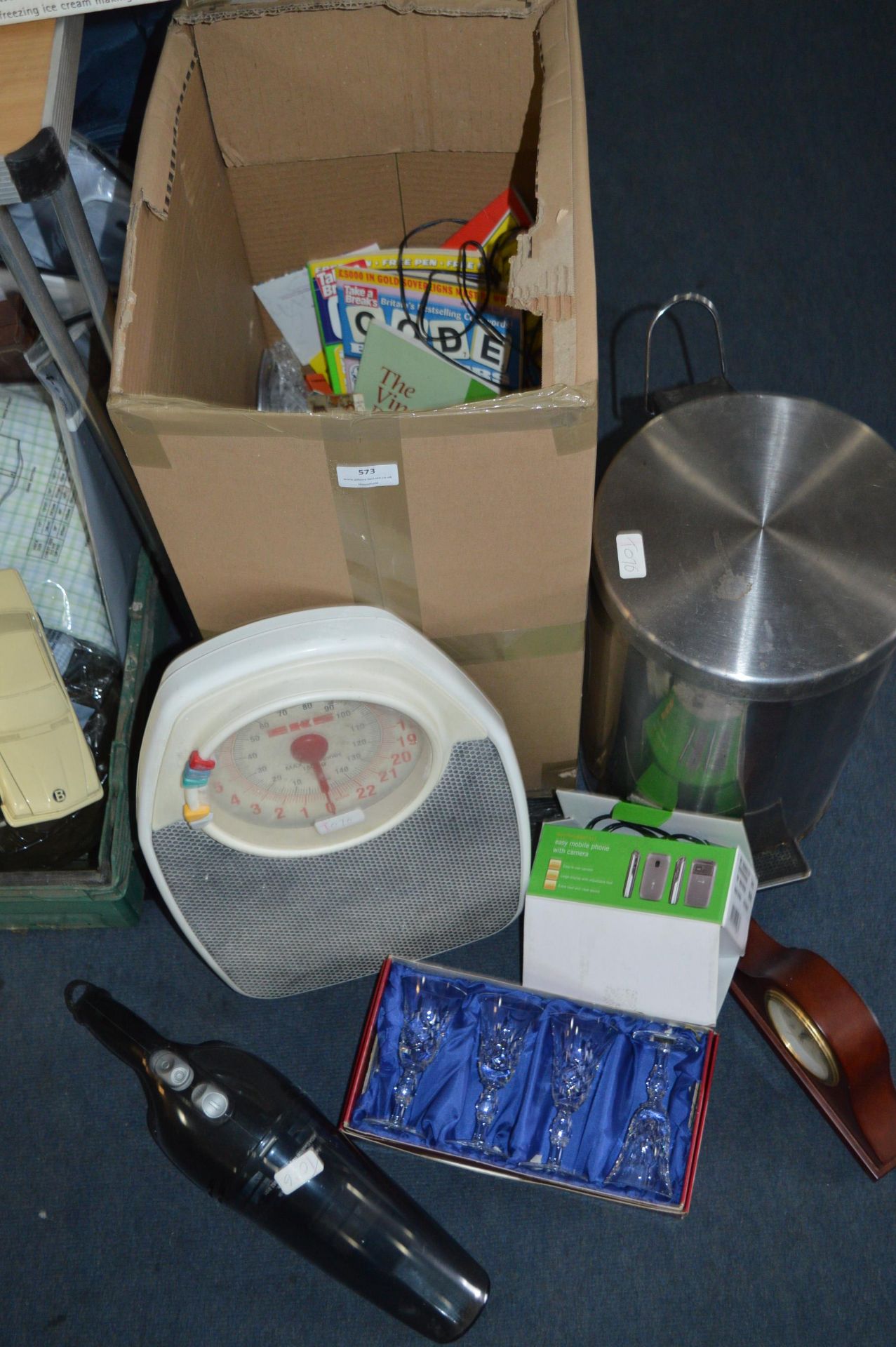 Assortment of Household Items, Pedal Bin, Clocks,