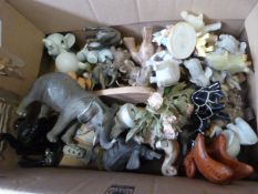 Box of Assorted China, Resin and Onyx Elephants