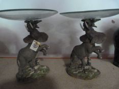 Pair of Glass Cake Stands on Rampant Elephants by