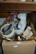 Large Box of Assorted Brassware and Pottery Items,