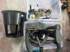 Plastic Stool and Two Boxes Containing Mitre Saw,