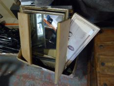Box of Containing Assorted Pictures, Framed Mirror