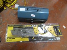 Metal Toolbox and Two Workzone Saws