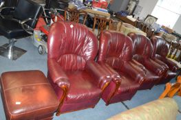 Four Leather Burgundy Chairs and Pouffe