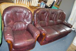Burgundy Leather Three Seat Sofa and Matching Armc