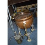 Large Copper Coal Bucket, and Assorted Brass Items