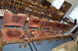 Six Heavy Oak Leather Studded Chairs