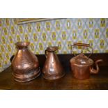 Two Copper Jugs and a Victorian Copper Kettle