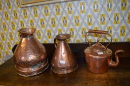 Two Copper Jugs and a Victorian Copper Kettle