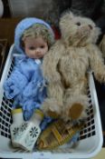 Basket Containing Vintage Doll and a Teddy Bear