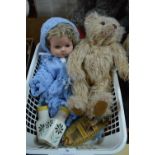 Basket Containing Vintage Doll and a Teddy Bear