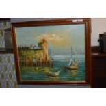 Oil Painting on Board by Henry - Fishing Port Scen