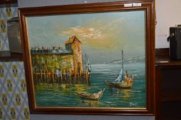 Oil Painting on Board by Henry - Fishing Port Scen