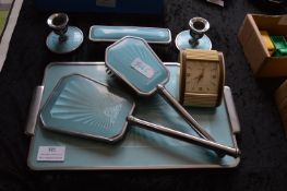 Enameled Dressing Set; Hair Brushes, Alarm Clock,