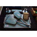 Enameled Dressing Set; Hair Brushes, Alarm Clock,