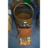 Copper Coal Bucket Containing Binoculars, Scales,