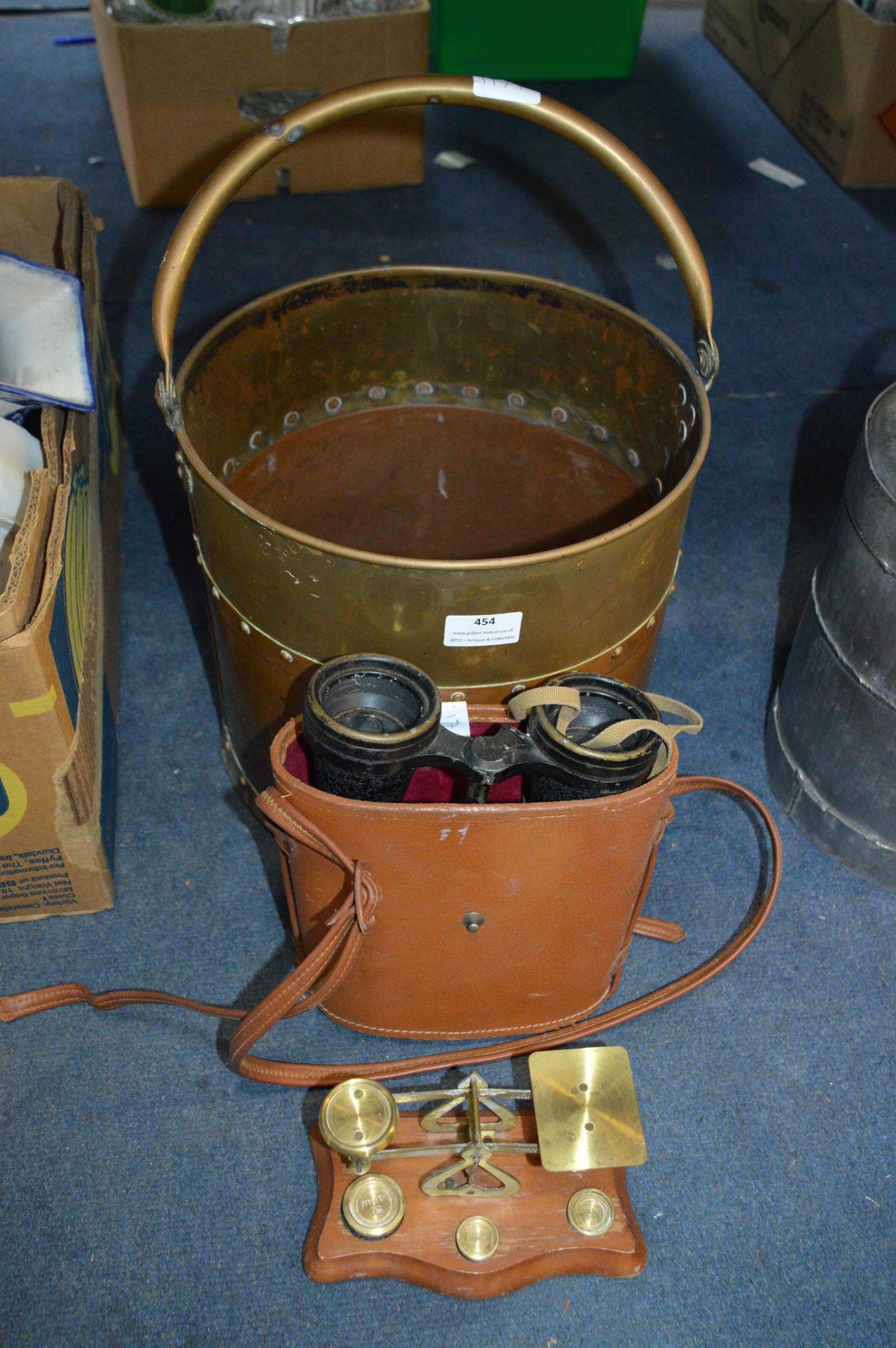 Copper Coal Bucket Containing Binoculars, Scales,