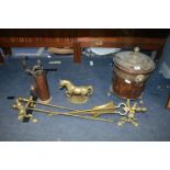 Collection of Brass FIreside Tools, Coal Bin, etc.