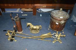 Collection of Brass FIreside Tools, Coal Bin, etc.