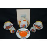 Small Reproduction Clarice Cliff Tea Set; Two Cups