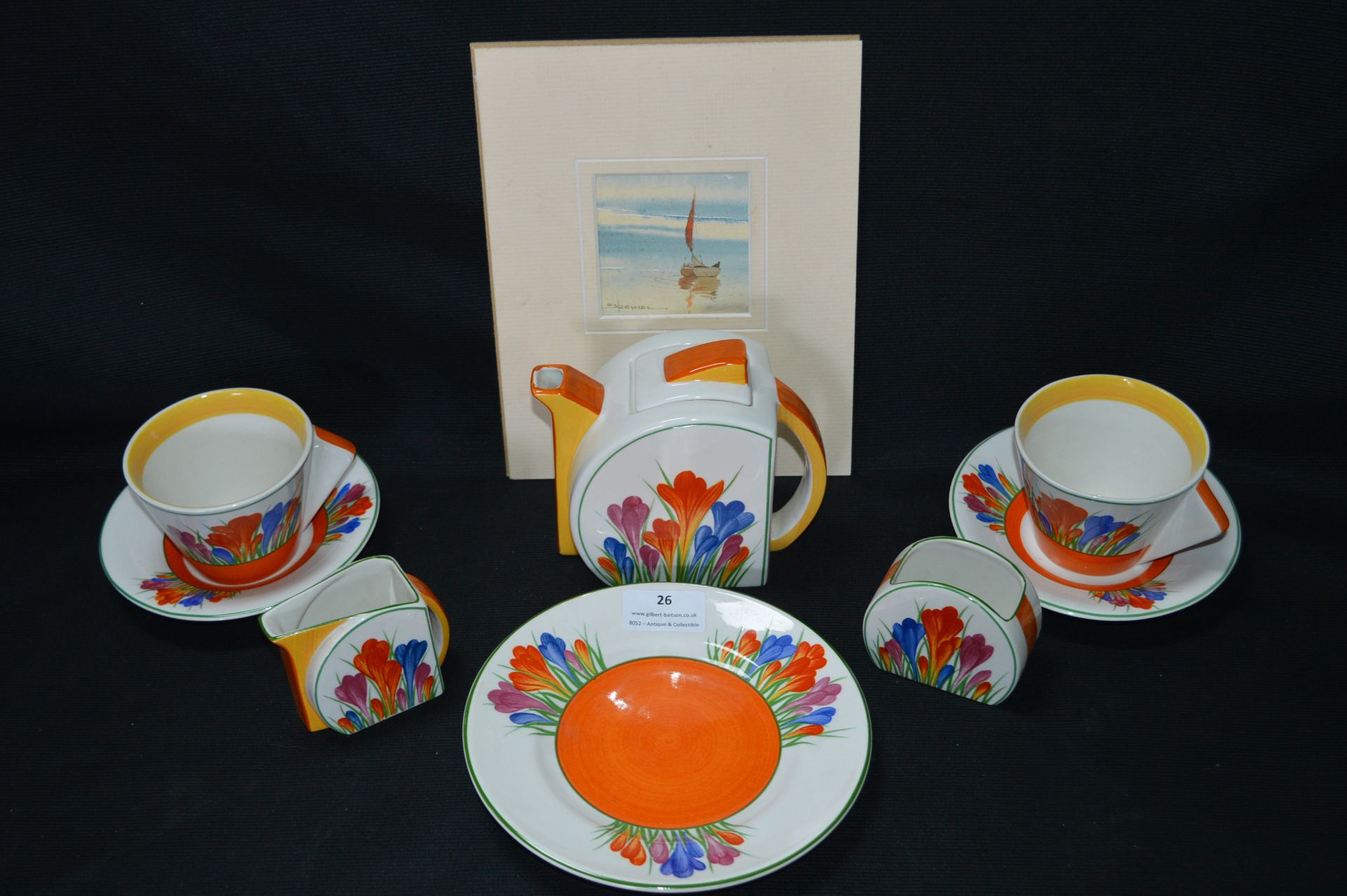 Small Reproduction Clarice Cliff Tea Set; Two Cups