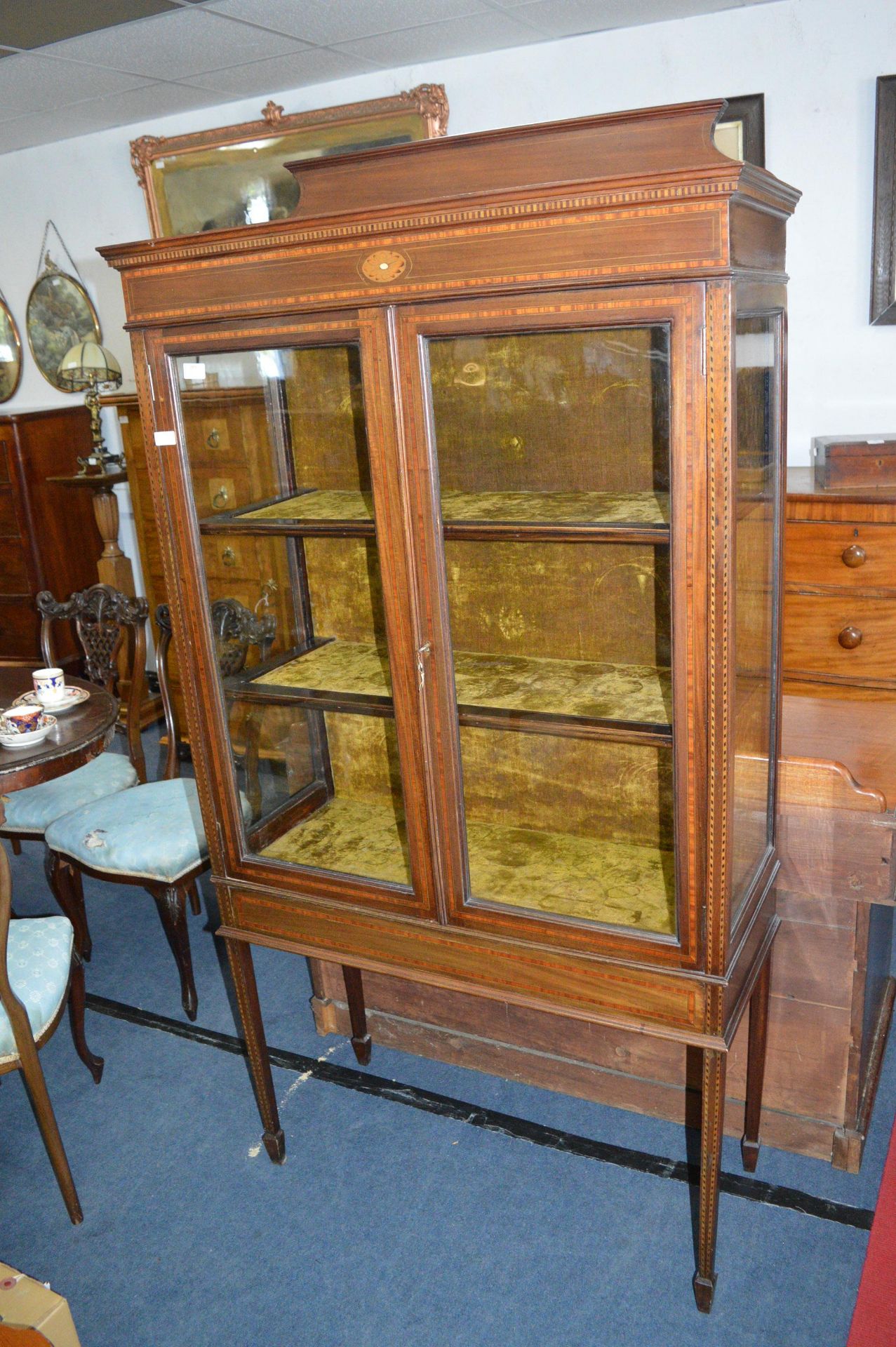 Inlaid Mahogany Velvet Lined Display Cabinet