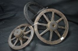 Three Vintage Wooden Barrow Wheels