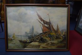 Oil Painting on Board - London River Scene by F. L