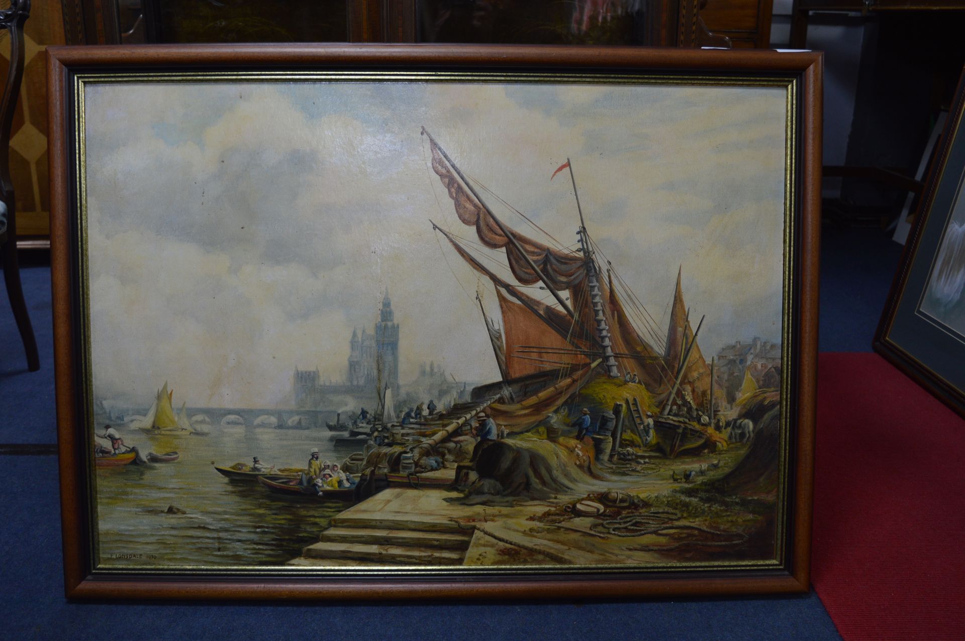 Oil Painting on Board - London River Scene by F. L