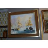 Oil Painting on Board - Naval Battle Scene