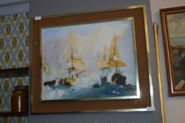 Oil Painting on Board - Naval Battle Scene