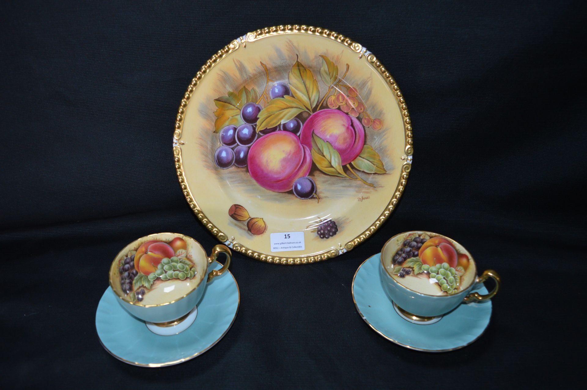 Aynsley Fruit Patterned Plated and Two Cups & Sauc