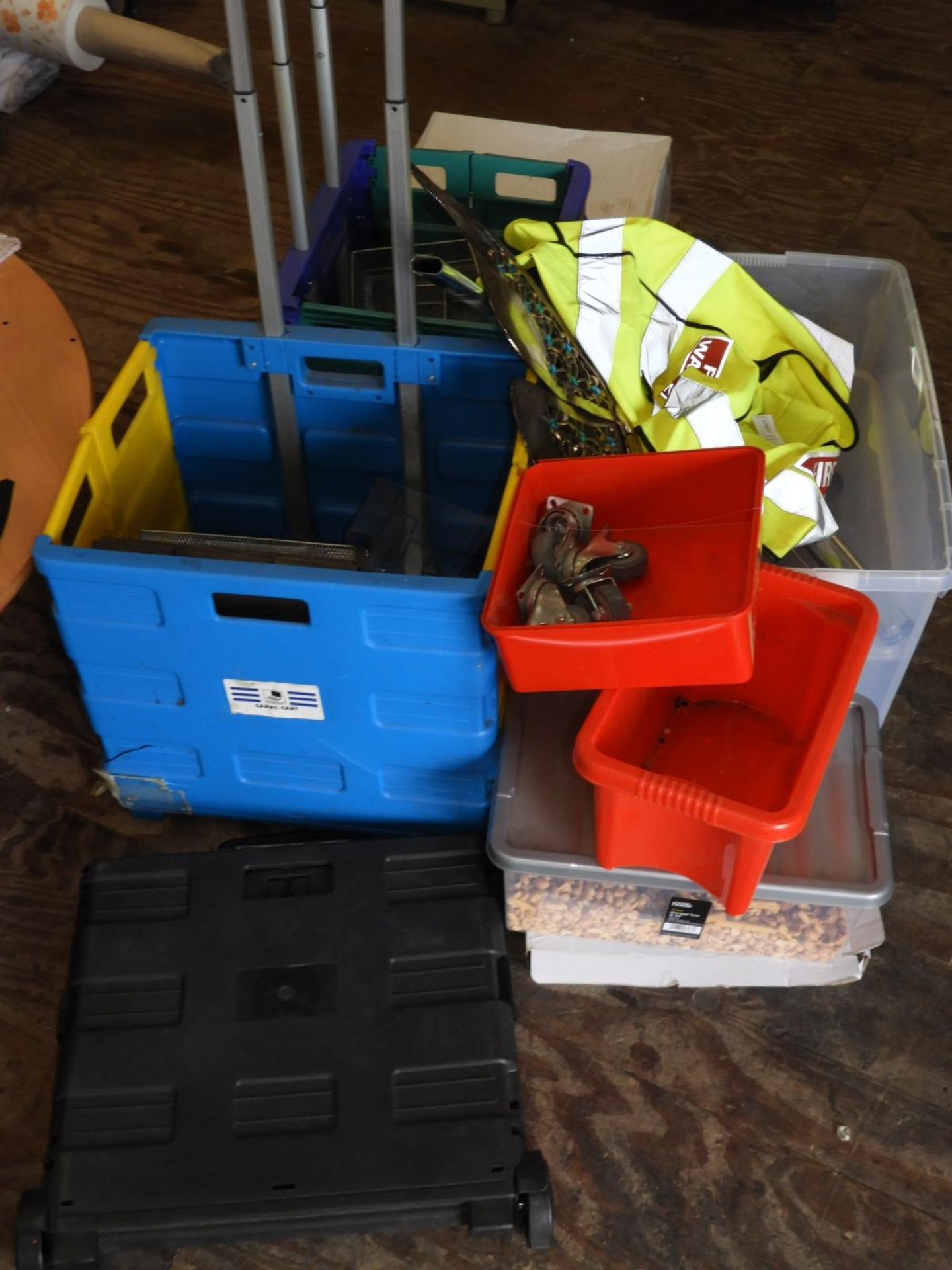 Assorted Wheeled Carts, High Vis Vests, Envelopes,